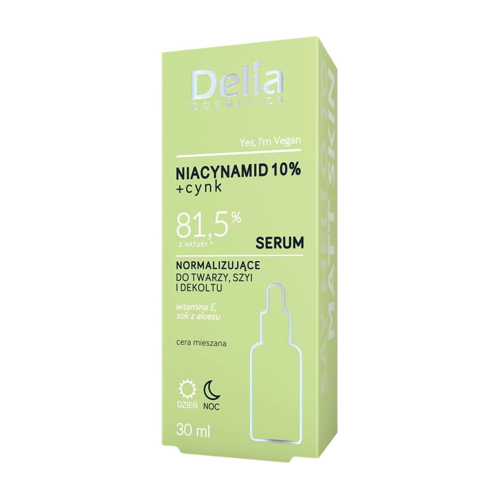 273653 DELIA SERUM NA TWARZ SZYJĘ I DEKOLT 30ML NIACYNAMID 10%+CYNK NORMALIZUJĄCE CERA MIESZANA 5906750801629