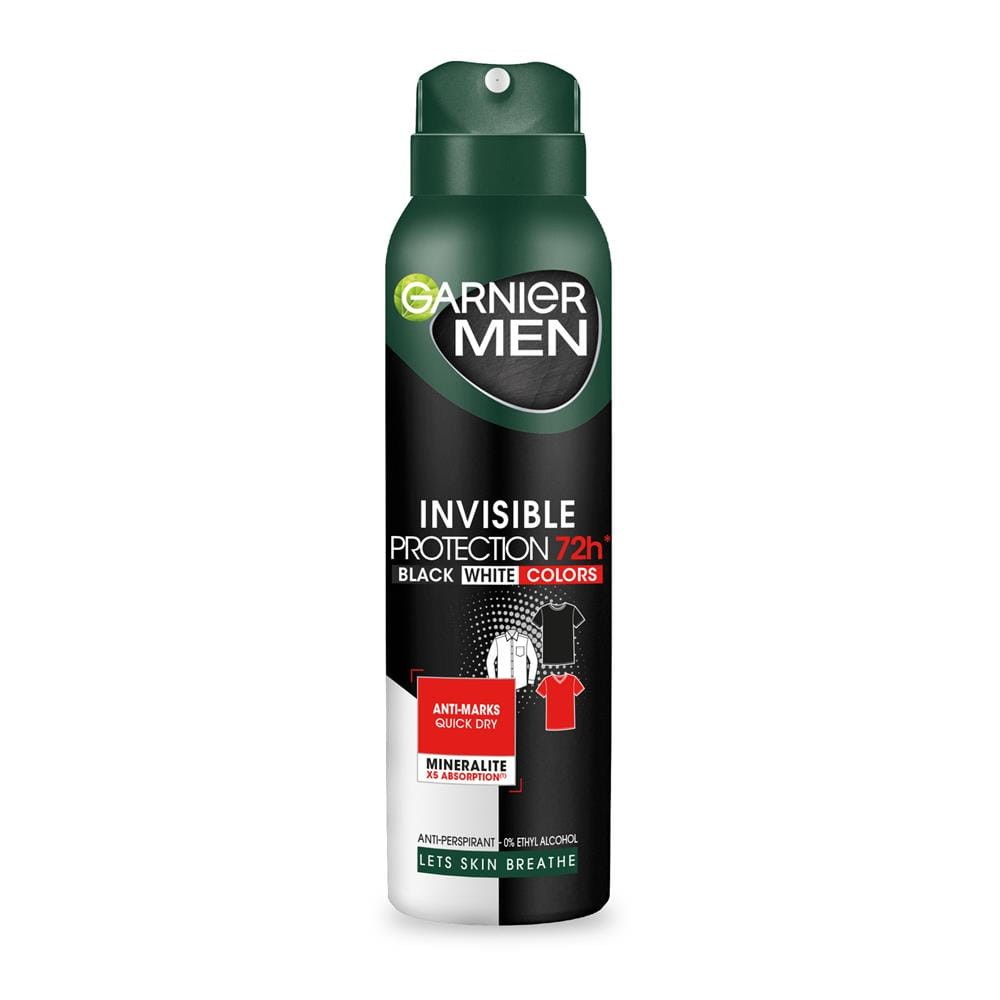 273979 GARNIER DEZODORANT MEN SPRAY 150ML INVISIBLE PROTECTION 72H BLACK WHITE COLORS 3600542471091