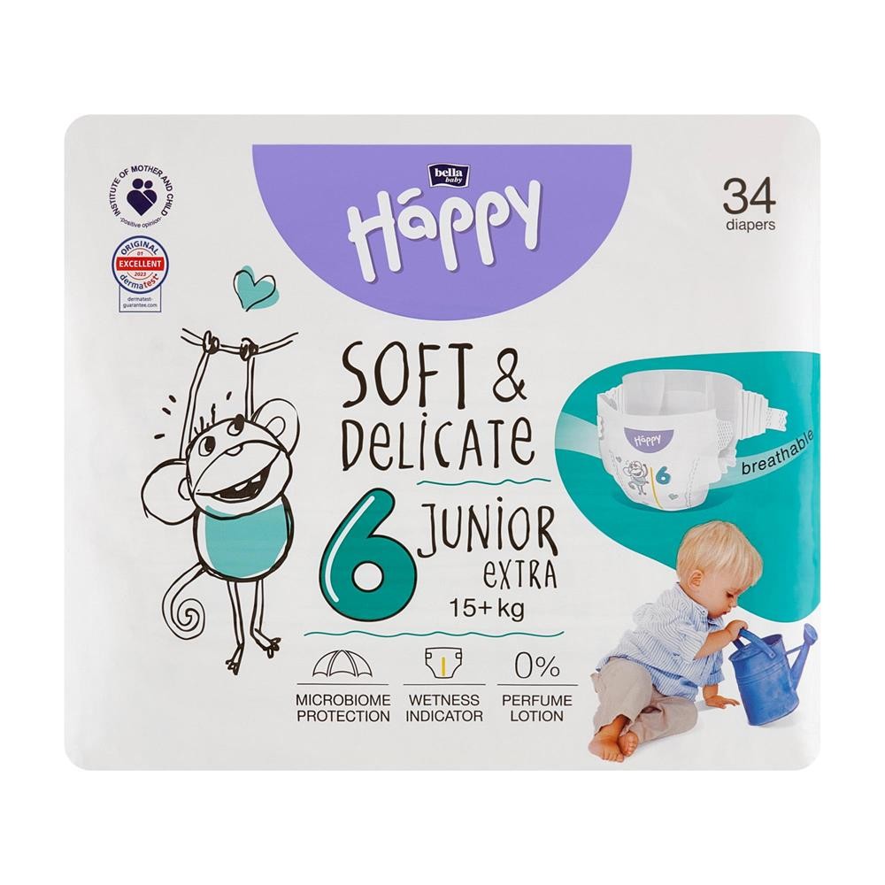 288503 BELLA HAPPY PIELUSZKI DLA DZIECI SOFT&amp;DELICATE 6 JUNIOR EXTRA 15+KG 34 SZT. 5900516605544