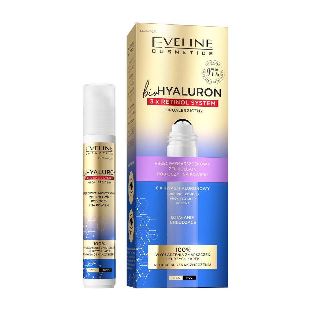 265653 EVELINE BIO HYALURON 3XRETINOL ŻEL ROLL-ON POD OCZY I NA POWIEKI 15ML PRZECIWZMARSZKOWY 5903416028741