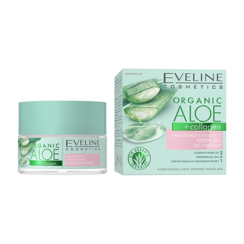 264461 EVELINE ORGANIC ALOE+COLLAGEN KREM-ŻEL DO TWARZY 50ML NAWILŻAJĄCO-ŁAGODZĄCY KAŻDY RODZ.CERY 5903416026952
