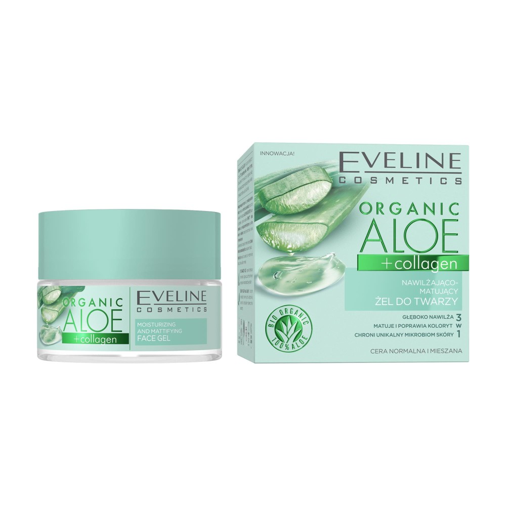264462 EVELINE ORGANIC ALOE+COLLAGEN ŻEL 50ML NAWILŻAJĄCO-MATUJĄCY CERA NORMALNA,MIESZANA 5903416027928