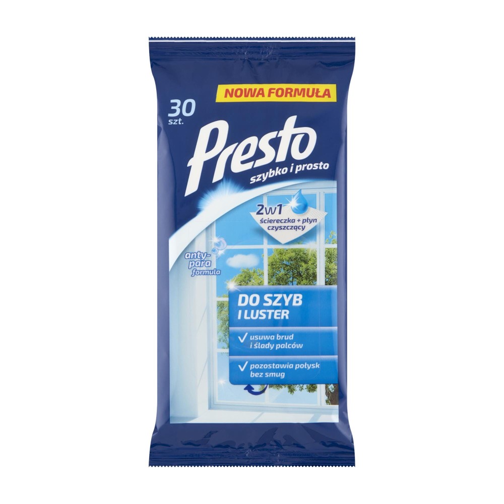 169041 PRESTO ŚCIERECZKI NAWILŻANE DO SZYB I LUSTER ANTY-PARA 30 SZT. 5900095011491