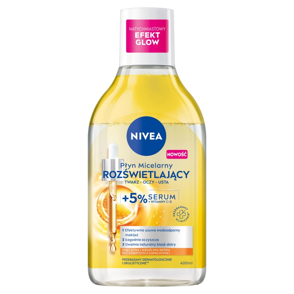 297813 NIVEA PŁYN MICELARNY 400ML ROZŚWIETLAJĄCY +5% SERUM+WITAMINY C I E ZMĘCZONA,WRAŻLIWA 5900017093321