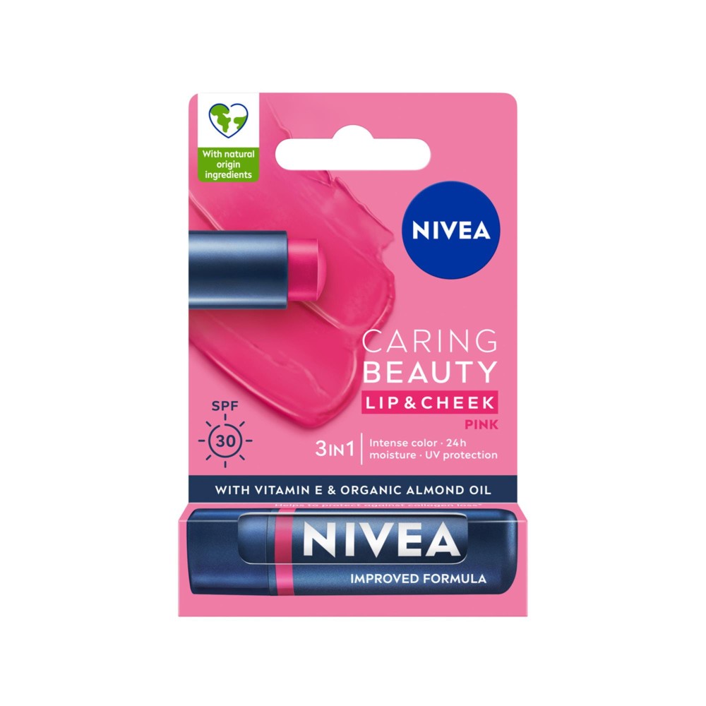 299825 NIVEA POMADKA OCHRONNA CARING BEAUTY 3W1 SPF 30 PINK 4006000098814